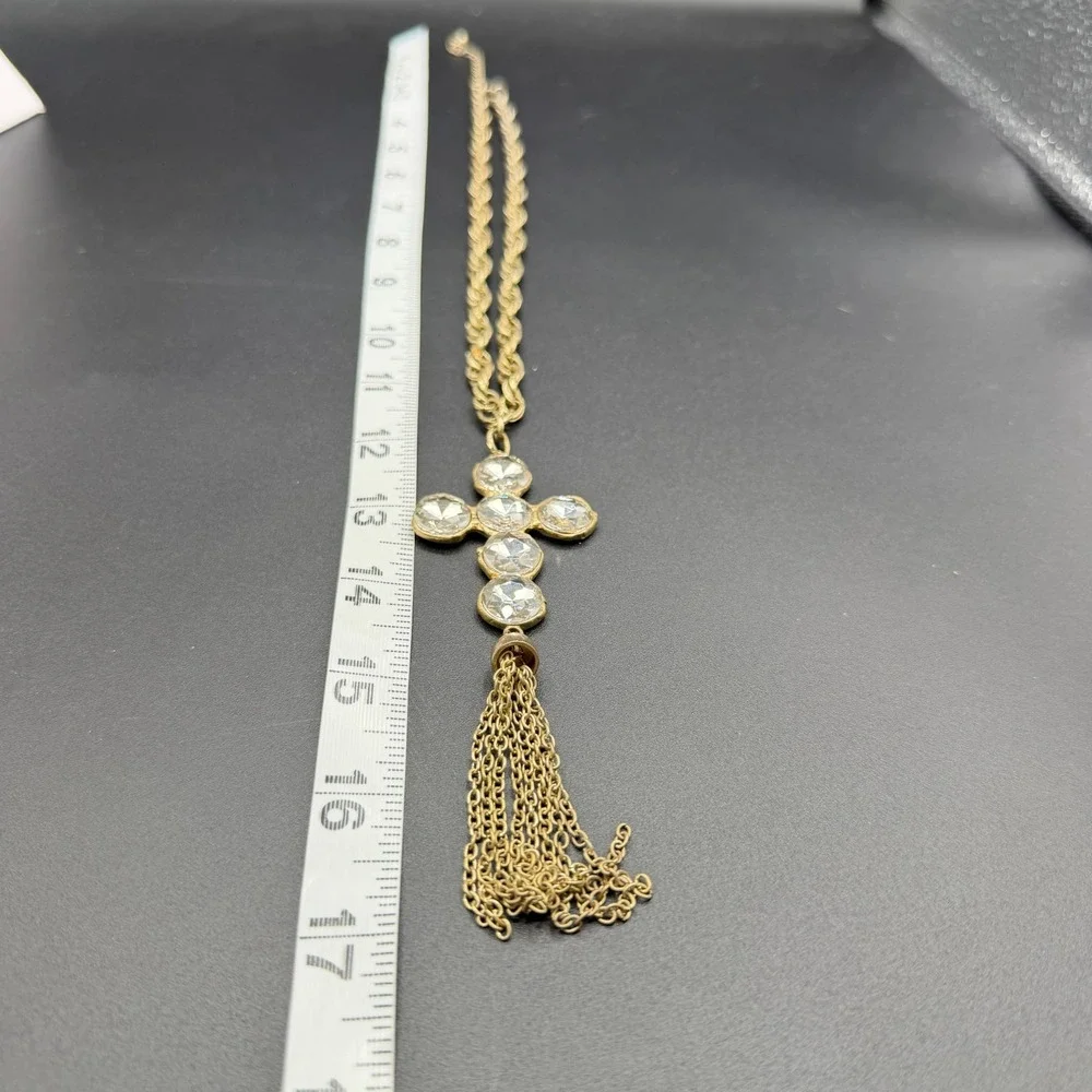 Crystal Rhinestone Cross Pendant Necklace Gold Tone Chain Tassel Statement Gift